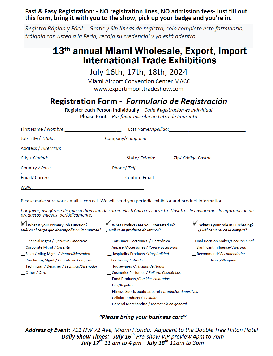 Miami Export Import Registration Form - Formulario de Registracion 